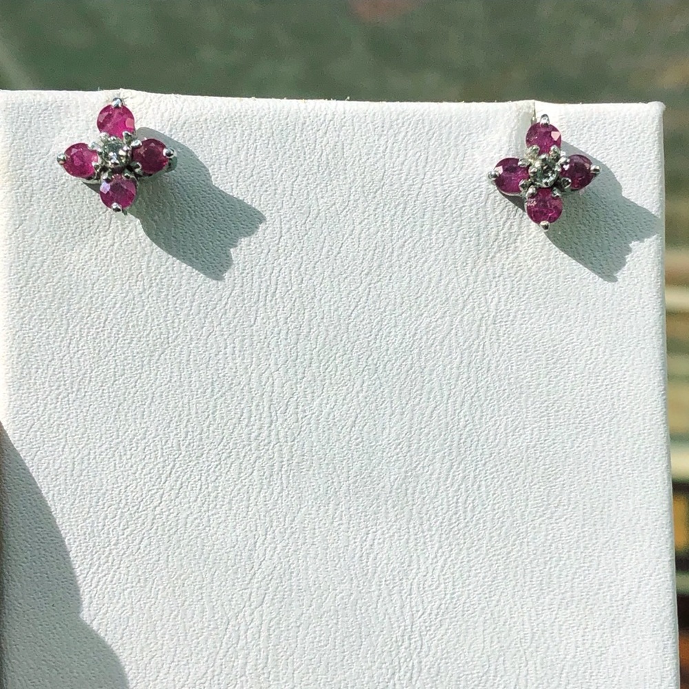 Ruby Gemstone Flower Sterling Silver Earrings - image 3